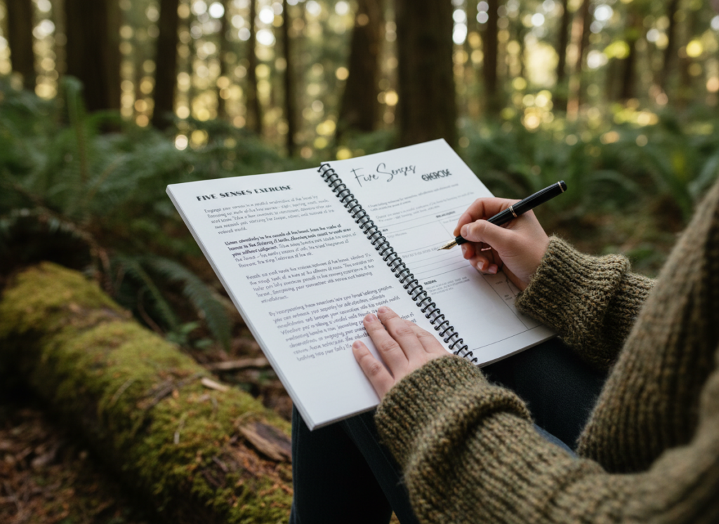 Firefly_“Photorealistic lifestyle photography of a spiral-bound forest bathing journal being 708860