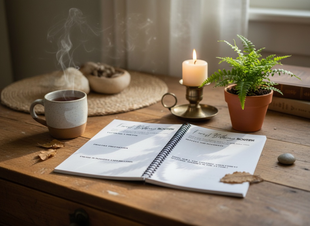 Firefly_“Photorealistic lifestyle scene of a forest bathing journal on a cozy desk or table. 614270