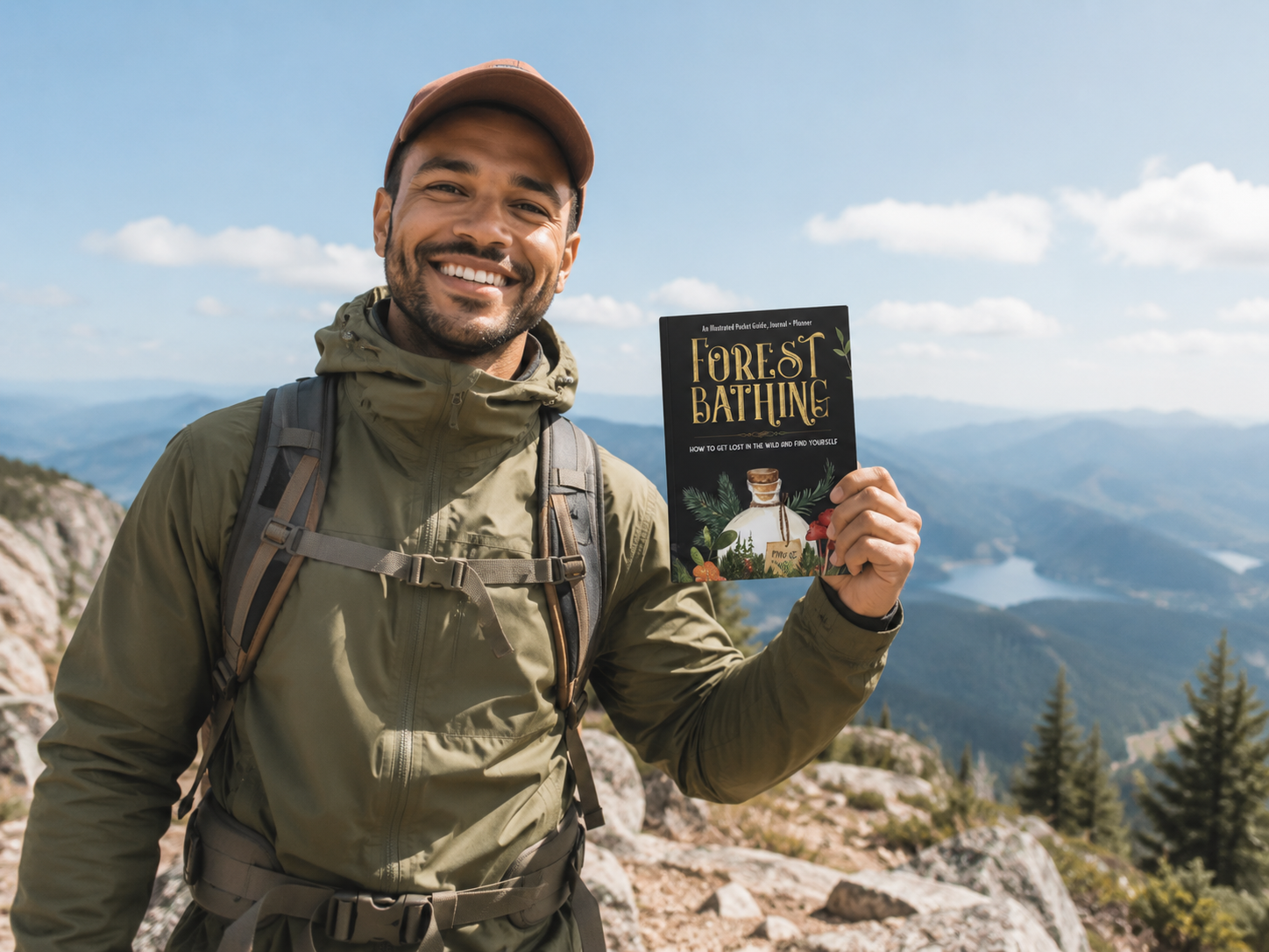 A man hiking on a top of a forest mountain holding a Forest Bathing guide.
